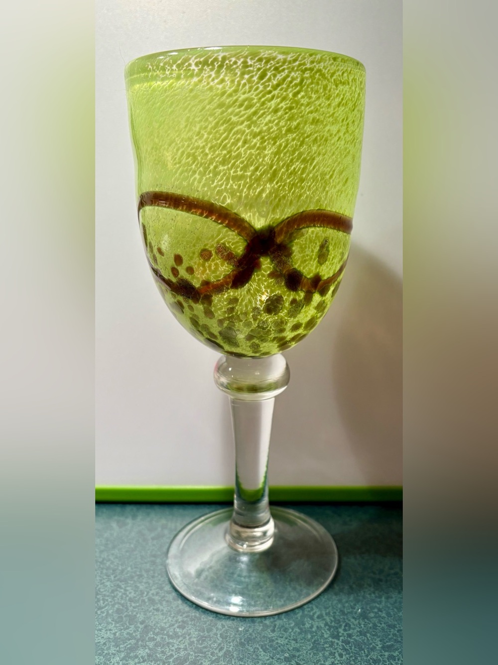 Green Handblown Mexican Glass Goblet with Shimmery Brown Swirls